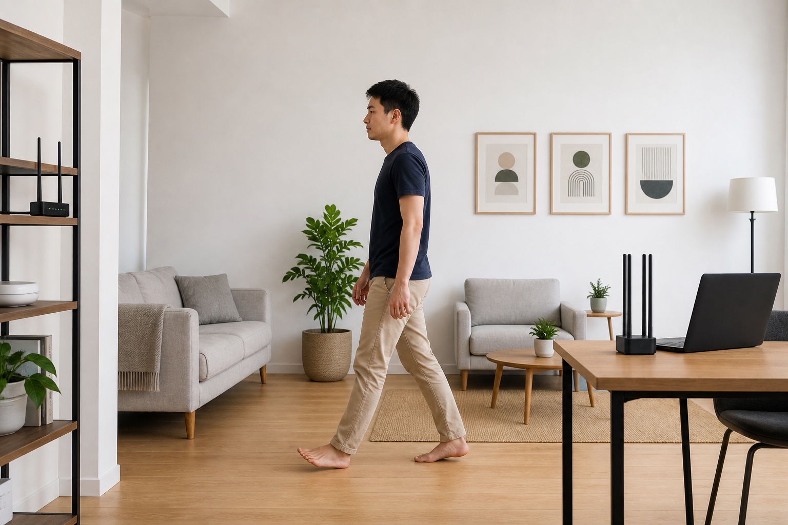 Person walking through a furnished room between two WiFi devices